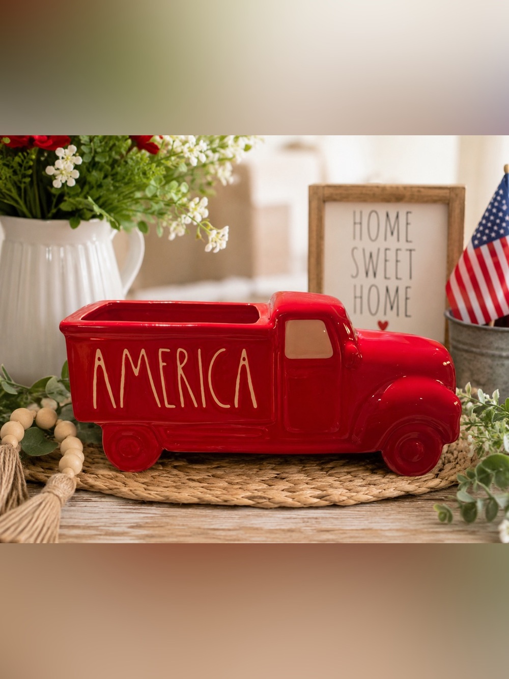 Rae Dunn AMERICA Red Ceramic Truck Patriotic Farmhouse Decor NIB